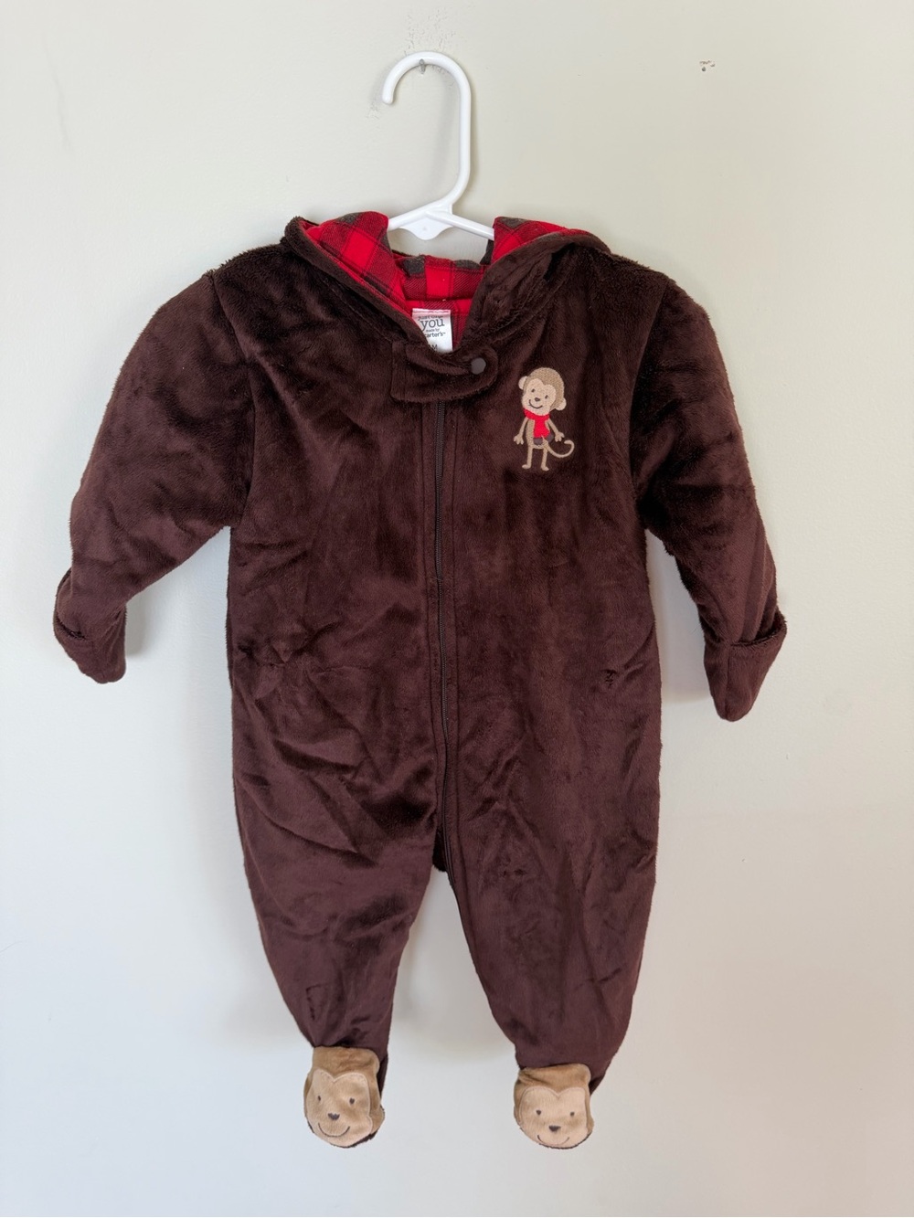 Carter's Brown Monkey Hooded Footed One-Piece with Red Plaid Lining